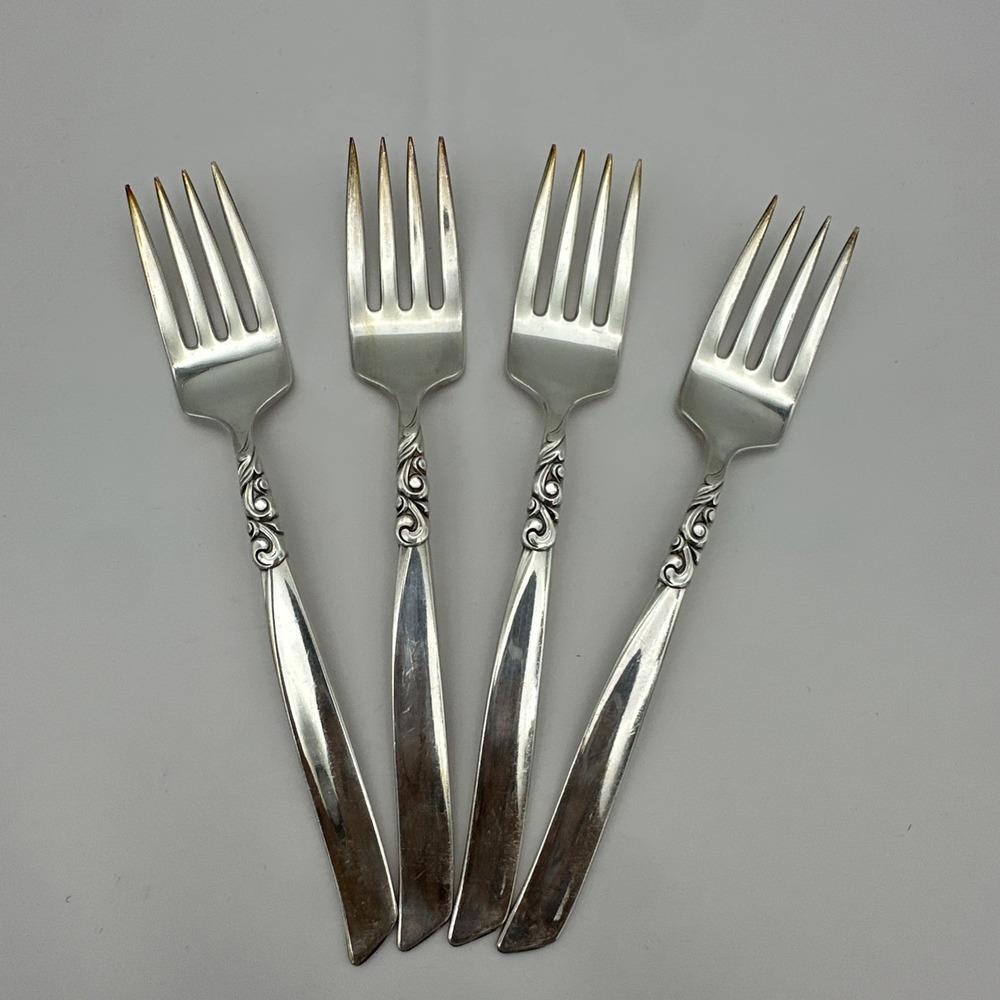 4 Vintage Oneida South Seas Silver Plate Salad Dessert Forks 1955 MCM